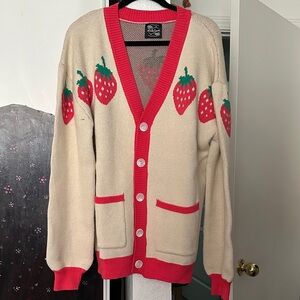 Strawberry Patterned Cardigan - Cream and Red